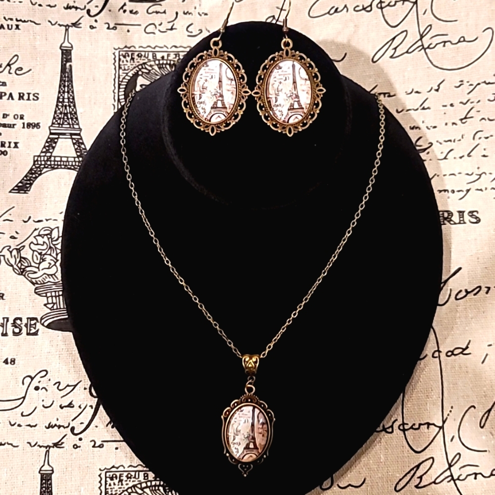 🗼 Antique Bronze Eifel Tower Cameo Cabochon Jewelry Set